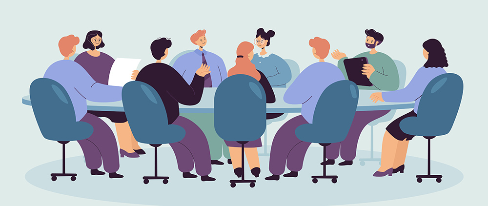 cartoon image of people sitting around a boardroom table